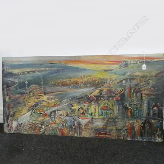 OIL ON BOARD ARMEGEDDON WHO IS ON THE LORDS SIDE SIGNED PETER PURCELL H610 L1200