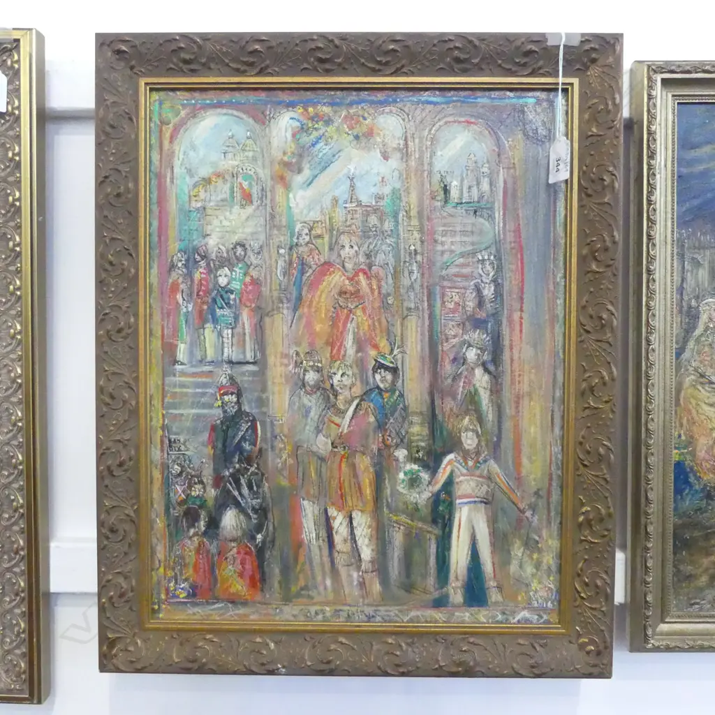 FRAMED OIL ON CANVAS MEDEVILE  SLPENDOR WITH RUPERT SIGNED PETER PURCELL H450 L340MM Image 1++