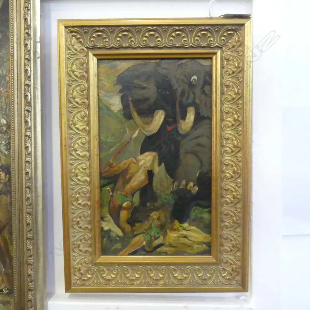 GILT FRAMED OIL JUMBO ATTACK SIGNED PETER PURCELL H240 L140MM Image 1++