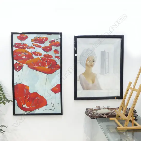 2 LARGE FRAMED ORIGINALS, POPPIES & PORTRAIT, INDISTINCT SIGNATURES, LARGEST 120x690mm