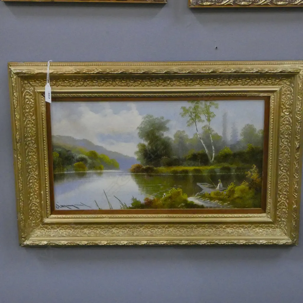 GILT FRAMED OIL ON BOARD  LAKE SIDE FISHING SIGNED  SIZE 230X420MM Image 1++