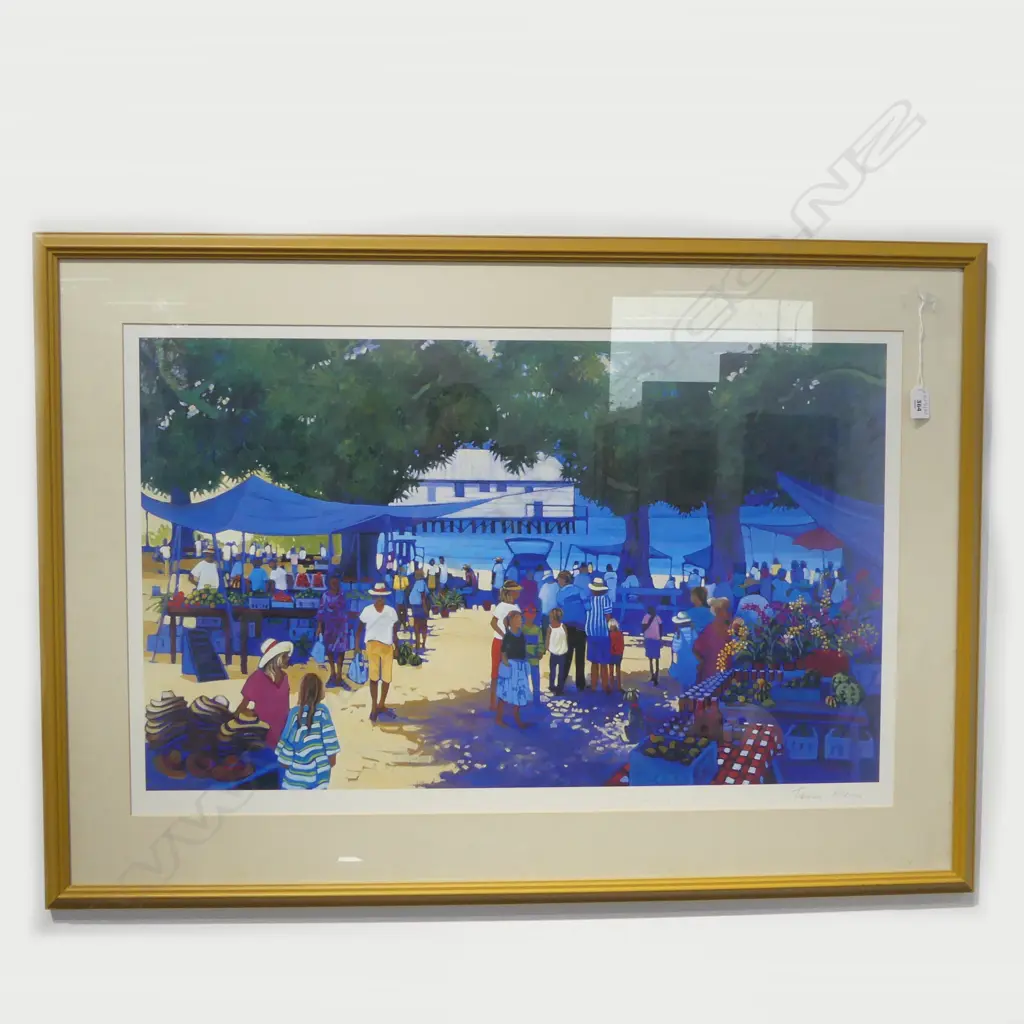 LARGE FRAMED PRINT WATERFRONT MARKET SIGNED TANIA HEBEN H470 W790MM Image 1++