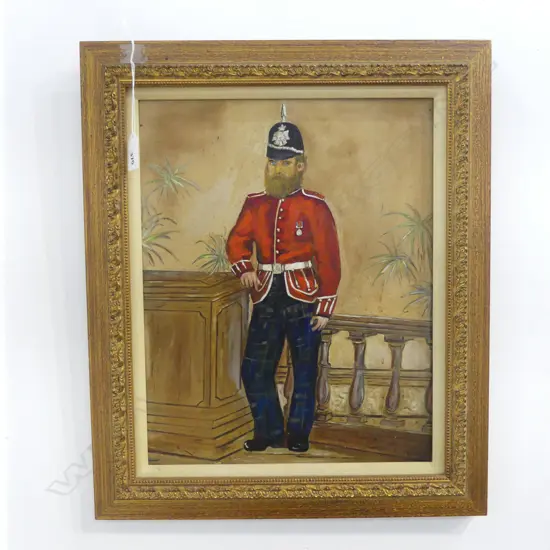 FRAMED OIL ON BOARD COLONIAL SOLDIER SIGNED PETER PURCELL H370 L290MM