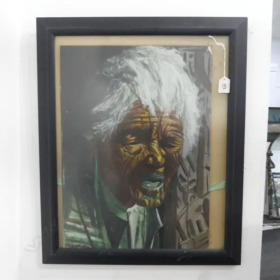 FRAMED W/C MOKOED MAORI LADY SIGNED PETER PURCELL H480 L350MM