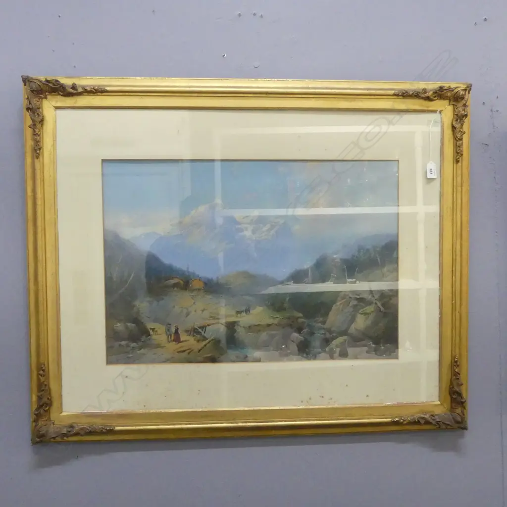 ANTIQUE GILT FRAMED CONT W/C ALPINE SCENE H440 L640MM SOME FOXING Image 1++