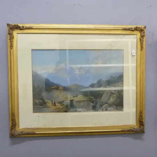 ANTIQUE GILT FRAMED CONT W/C ALPINE SCENE H440 L640MM SOME FOXING