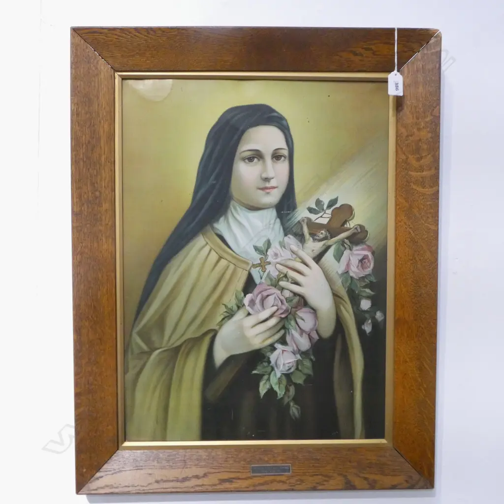 VINTAGE OAK FRAMED OILIOGRAPH ST TERESA H580 W410MM Image 1++
