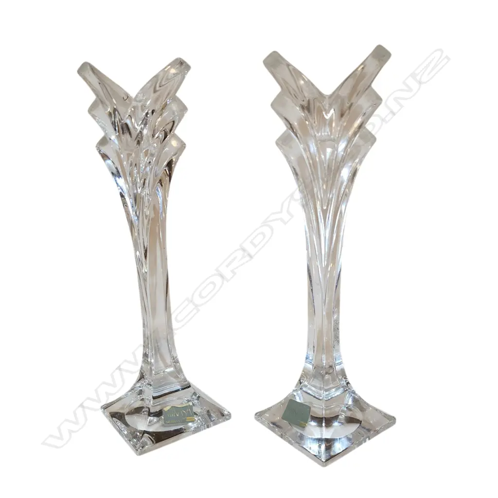 PAIR OF MIKASA CRYSTAL DECO FLUTED TAPER CANDLE HOLDER - GERMANY TULIP SHAPE - 240mm Image 1++