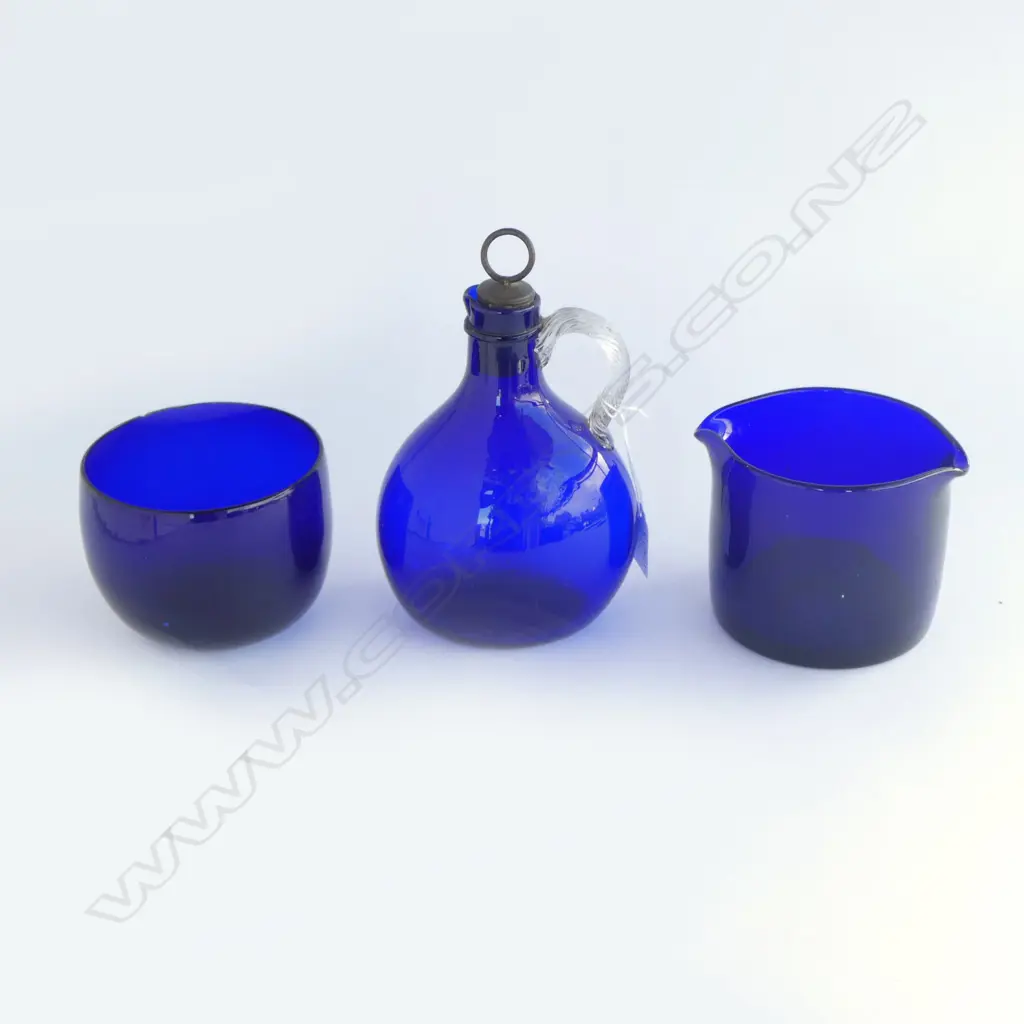 3 PCES ANTIQUE BLUE GLASS - BRISTOL? H.200mm tiny chip to rim Image 1++