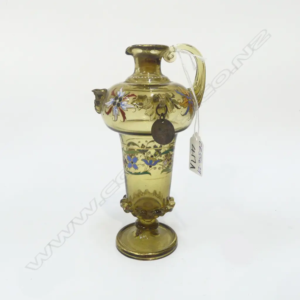 19thC Bohemian glass decanter w frilled applique & enamelled decoration the stopper stuck finial absent. H.180mm Image 1++