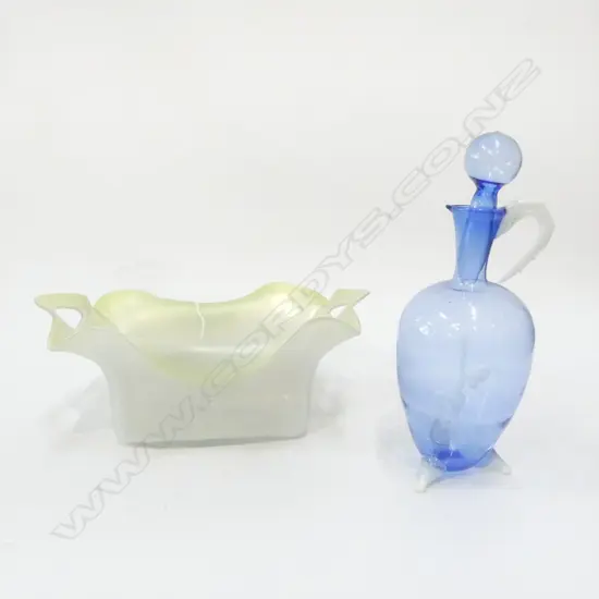 FRITZ LAMPL 1892-1955 glass decanter w encased woman cracked + 19thC Bohemian iridescent glass basket bowl. W.260mm 
