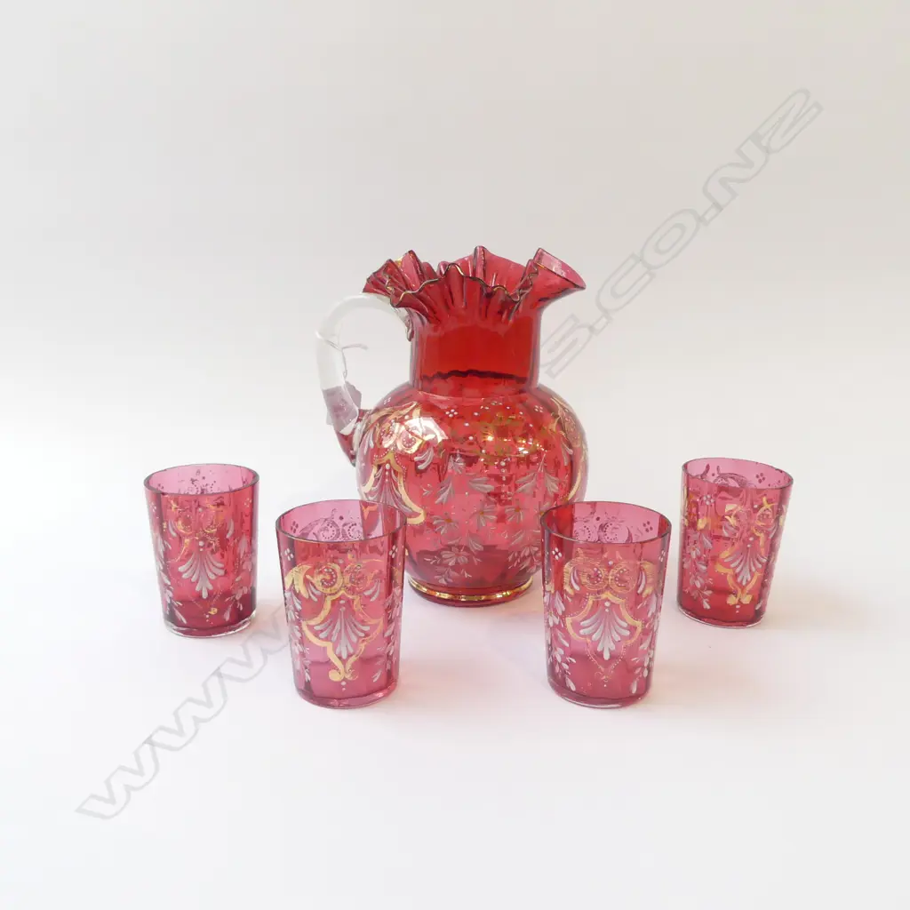 RUBY VENETIAN GLASS JUG H.230mm + 4 MATCHING GLASSES Image 1++
