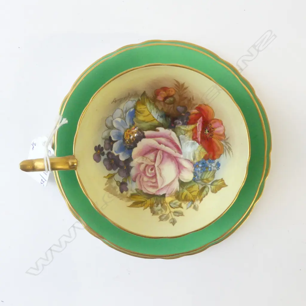 AYNSLEY FLORAL CUP & SAUCER SIGNED J. BAILEY, & FRUITS PLATE D. JONES Image 1++
