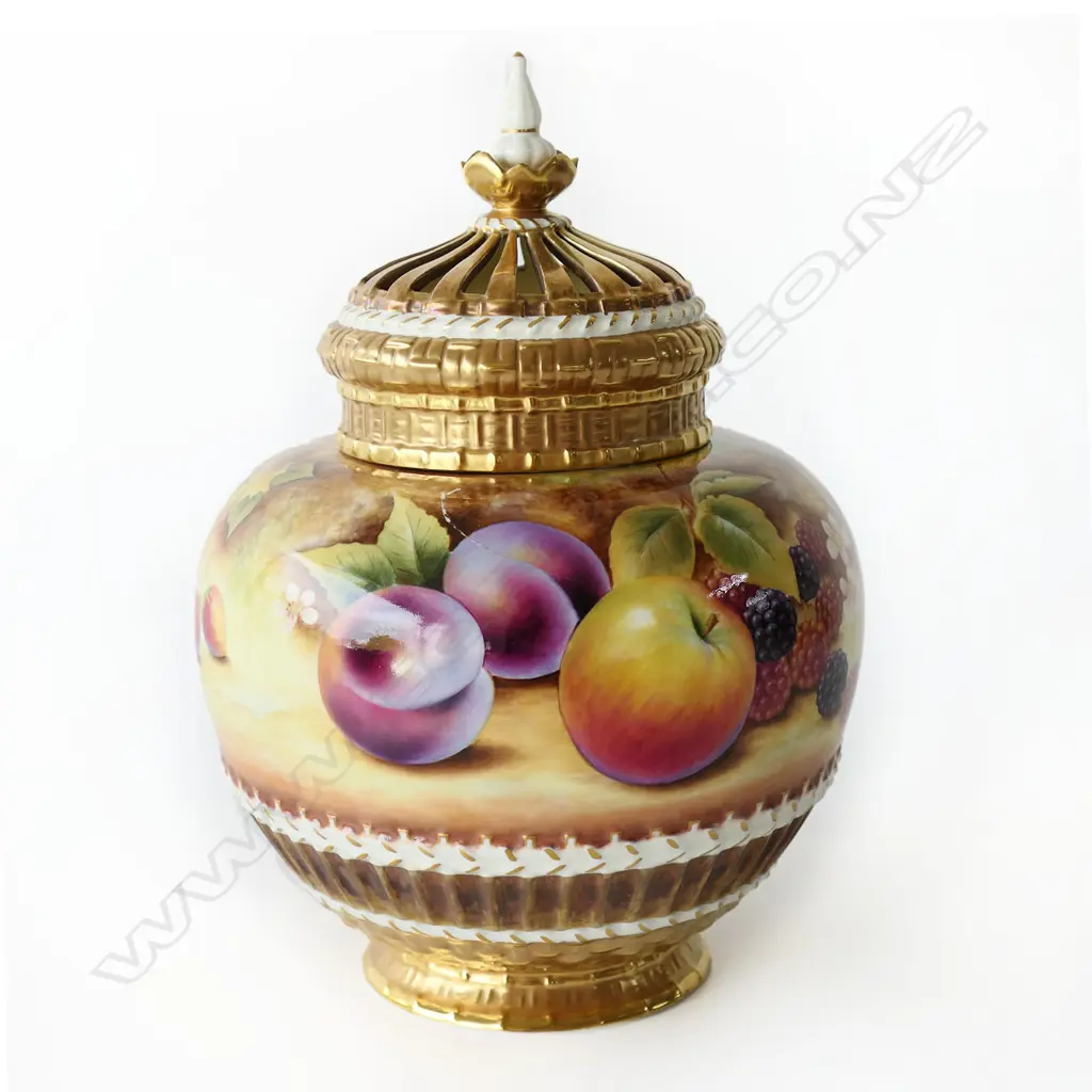 MODERN R.WORCESTER HANDPAINTED LIDDED POTPOURRI ON STAND by J. BOWMAN '1286 M/S' to base, H.315mm, crack to 1 side Image 1++
