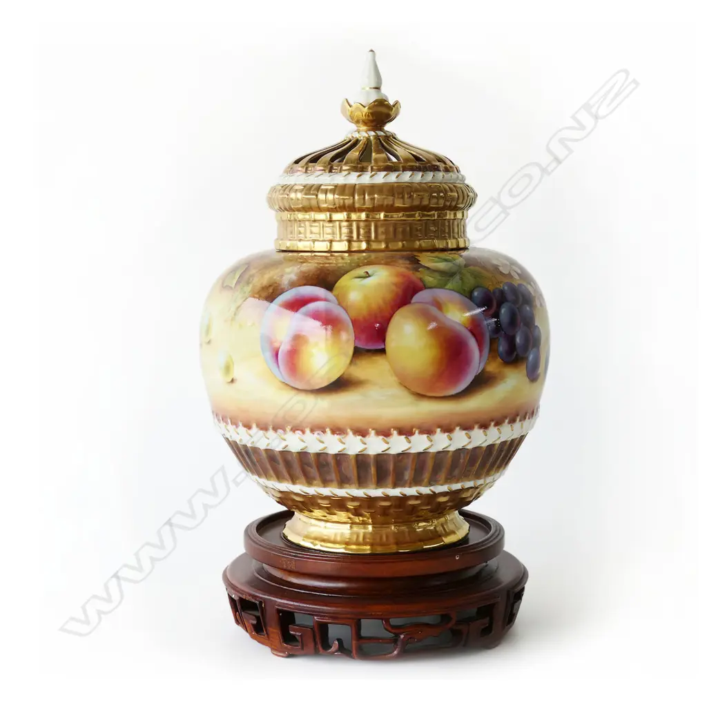 MODERN R.WORCESTER HANDPAINTED LIDDED POTPOURRI ON STAND by J. BOWMAN '1286 M/S' to base, H.315mm, crack to 1 side Image 1++