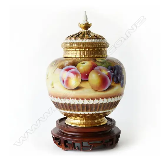 MODERN R.WORCESTER HANDPAINTED LIDDED POTPOURRI ON STAND by J. BOWMAN '1286 M/S' to base, H.315mm, crack to 1 side