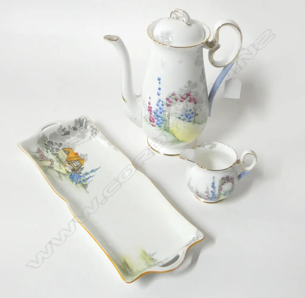 SHELLEY CHINA COFFEE POT JUG & SANDWICH PLATE HOLLYHOCK PAT Image 1++