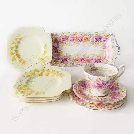 ROYAL ALBERT 'SERENA' TRIO & SANDWICH PLATE + 4 HANDPAINTED GRAFTON SM PLATES (8)
