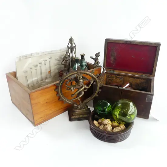 2 WOODEN CONTAINERS; ASST. BAKELITE HANDLES, INDIAN BRONZE FIGURES ETC 