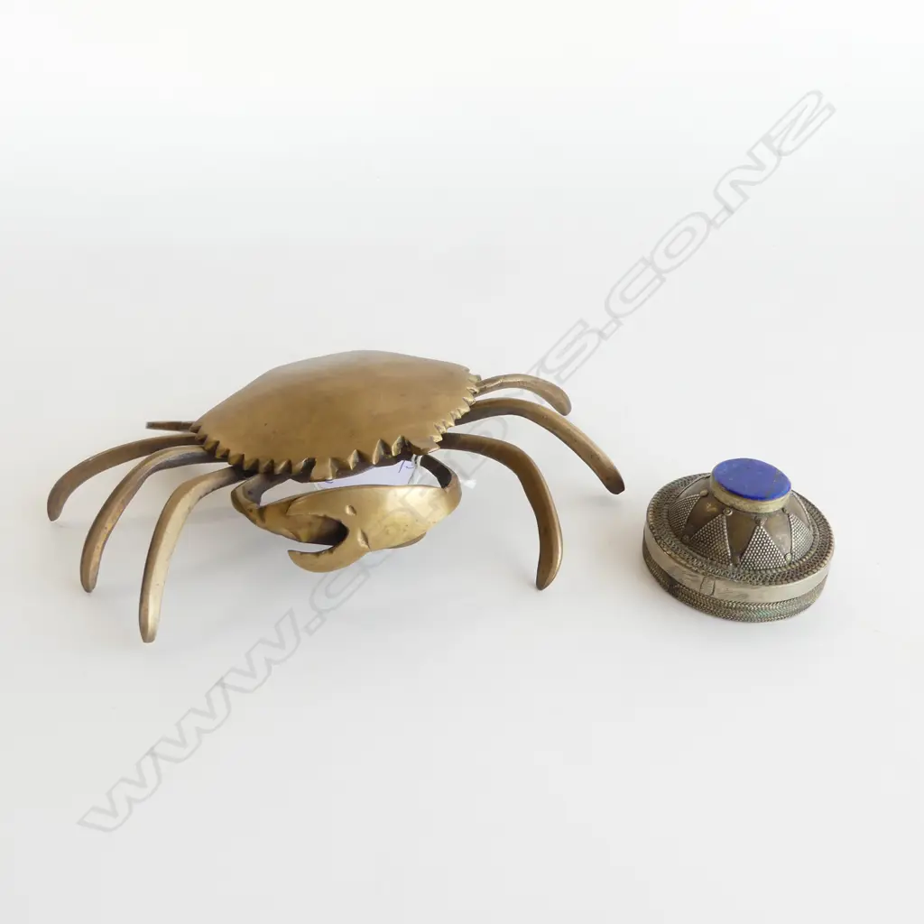 BRASS CRAB W.175mm + ETHNIC METAL CONTAINER w. LAPIS 50mm dia Image 1++