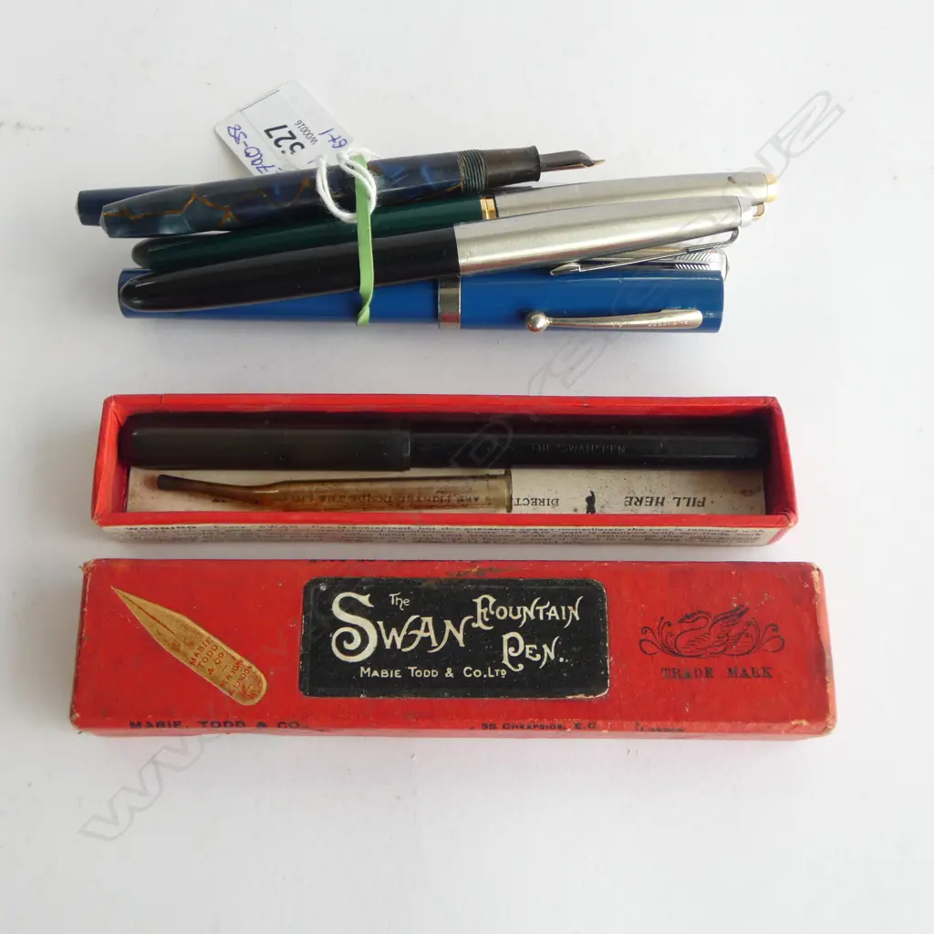 CASED VINTAGE 'THE SWAN' FOUNTAIN PEN, MABIE TODD & Co + 6 LOOSE MOSTLY PARKER PENS Image 1++