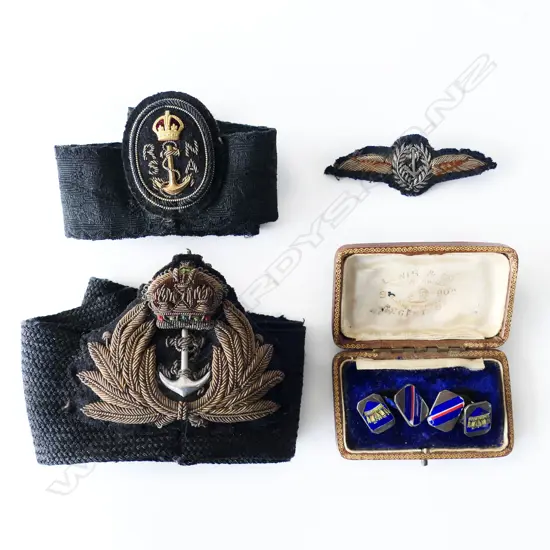 4 NZ ROYAL NAVY ITEMS: CUFFLINKS, OFFICERS & RNSA CAP BAND & FLEET ARM WINGS