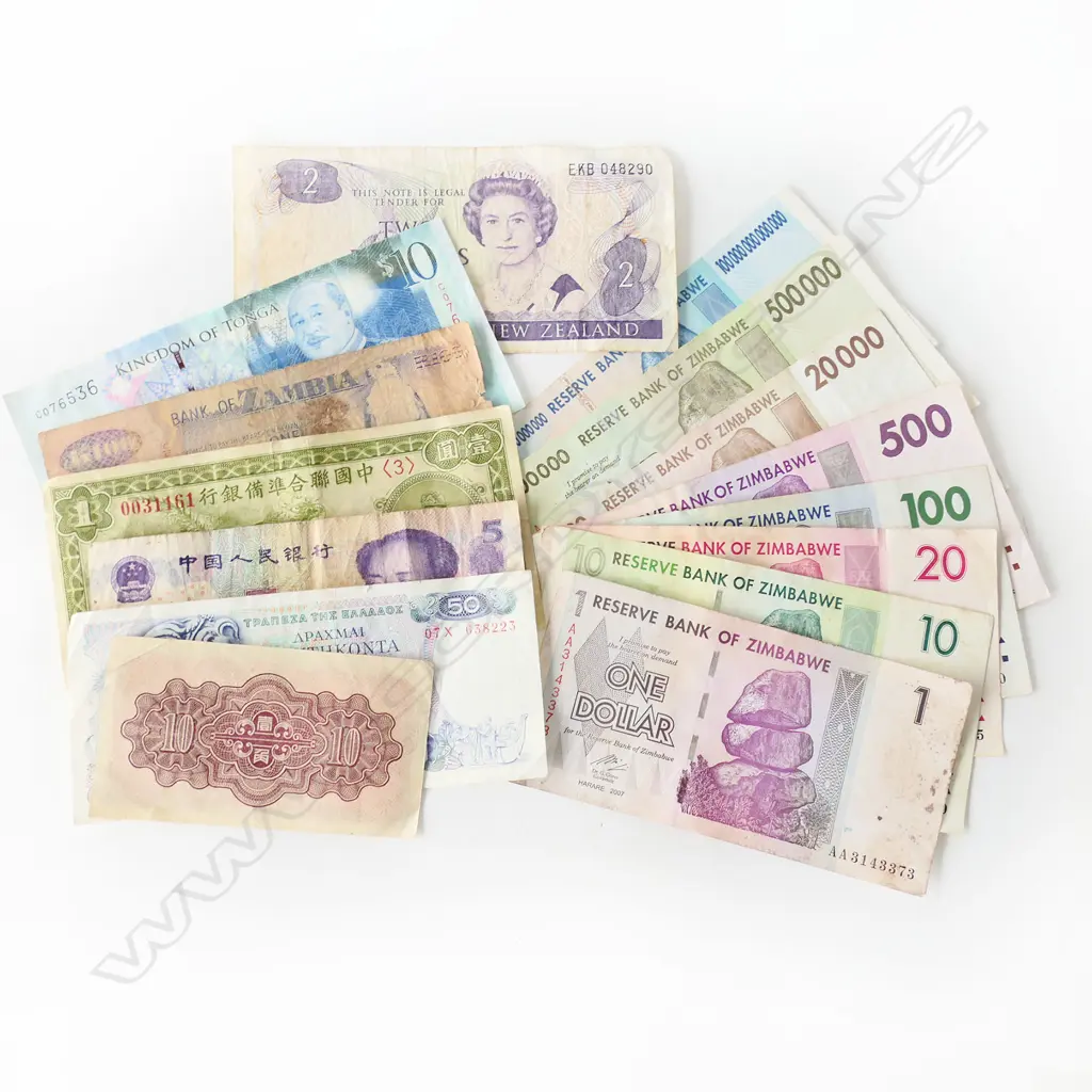 ASSORTED BANK NOTES INCL;. RARE ZIMBABWEAN, NZ, TONGA, CHINA etc Image 1++