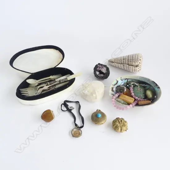  ASST. COSTUME JEWELLERY, PILL BOXES, AMETHYST GEODE & COLLECTION MOP PICKLE FORKS,  CAVIAR SPOONS ETC