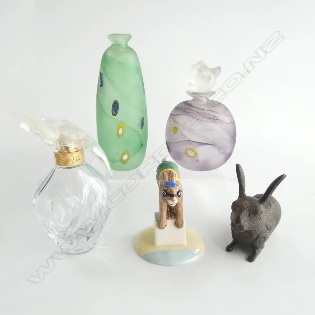 COLLECTABLES INCLDS; 2 MILLEFIORI GLASS BOTTLES, CAST BABBIT & BUNNYKIN FIG. Image 1++