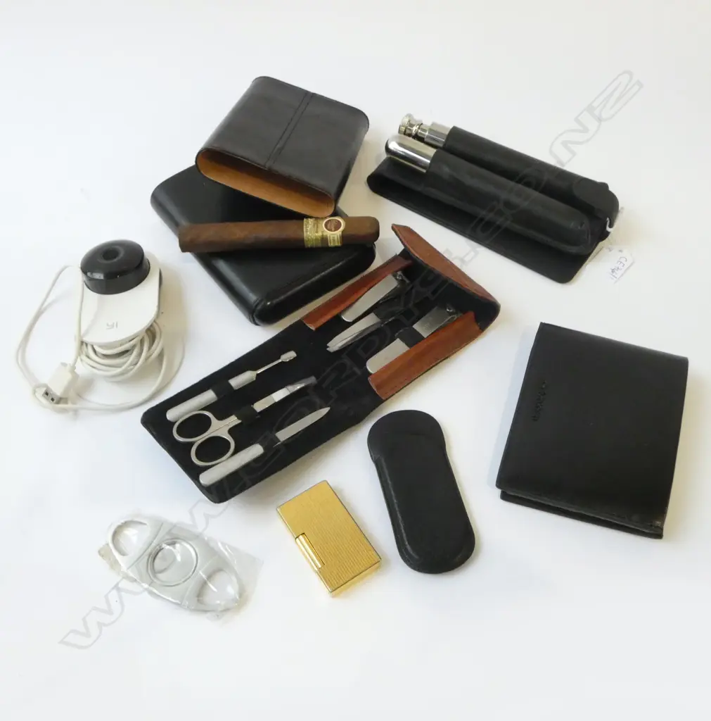 8 ITEMS; 3 BLACK LEATHER CASES; WALLET + 2 CIGAR, 2 CUTTERS 1 ZINO DAVIDOFF, GP LIGHTER, WEB CAM, VANITY SET Image 1++
