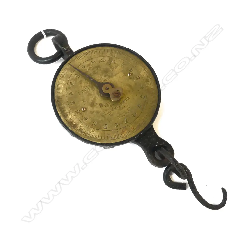 ANTIQUE SALTERS SPRING BALANCE SCALES 100LB SILVESTER PATENT BRASS & CAST IRON, L.370MM Image 1++