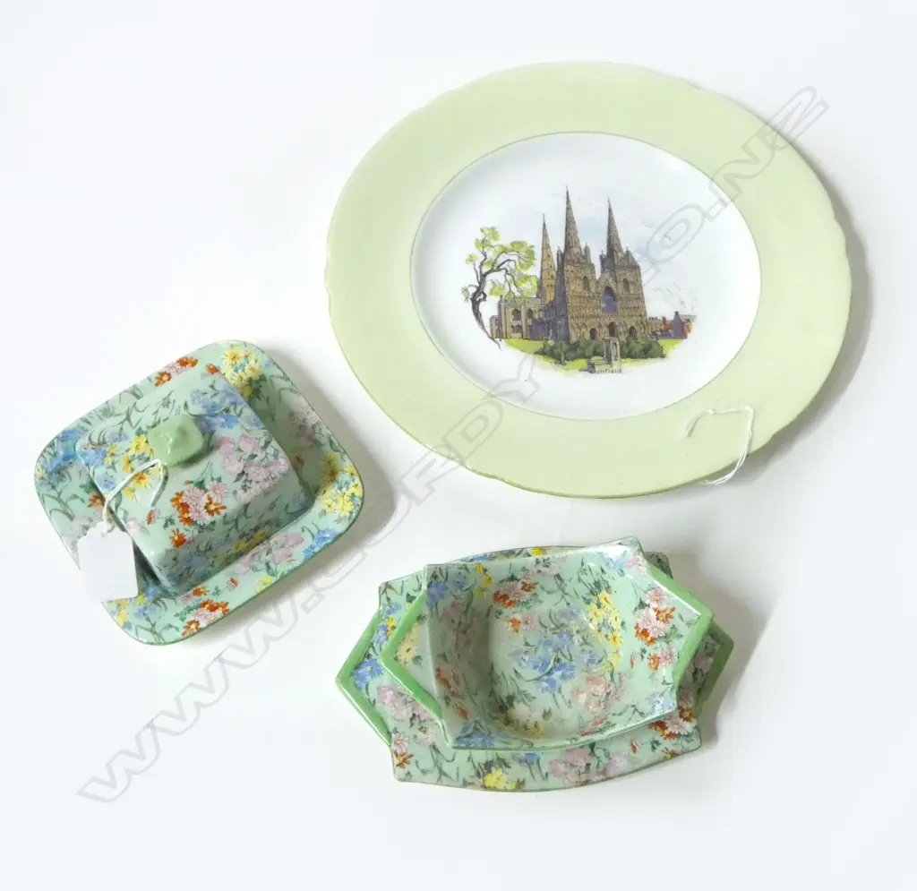 SHELLEY AOF LIDDED BUTTER DISH  & JAM DISH WITH SHELLEY SCENIC PLATE DIA 280MM Image 1++