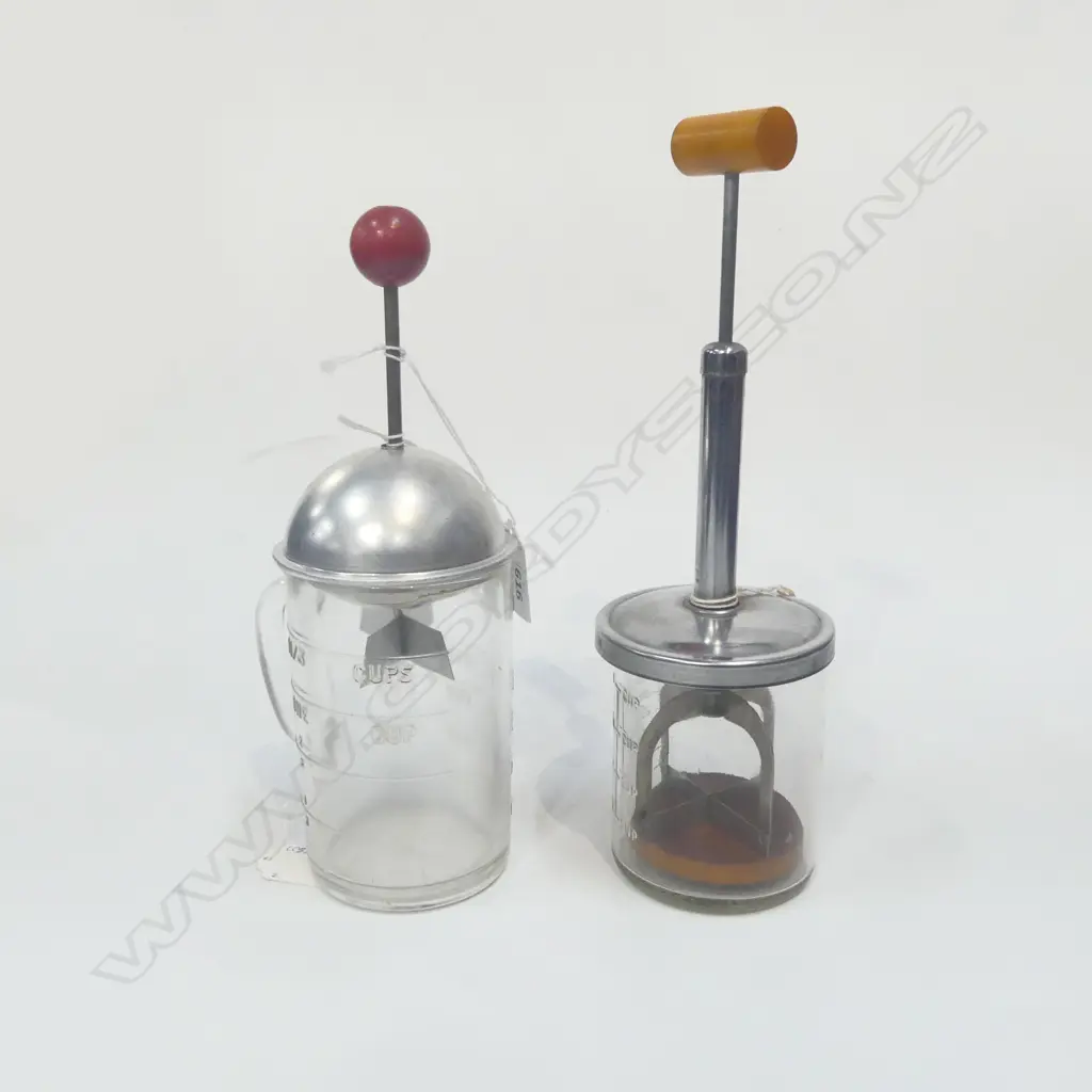 TWO VINTAGE GLASS & TIN DECO KITCHEN CHOPPERS LARGEST H.280mm Image 1++