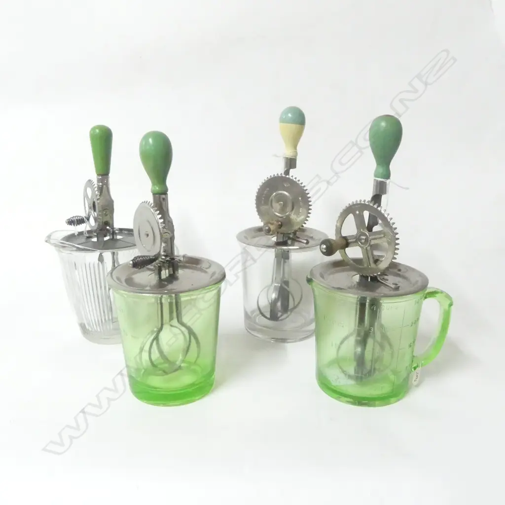 (3448/2408/2496) 4 VINTAGE HAND HELD  A&J ROTARY BEATERS ON GLASS MEASURES H.320mm Image 1++