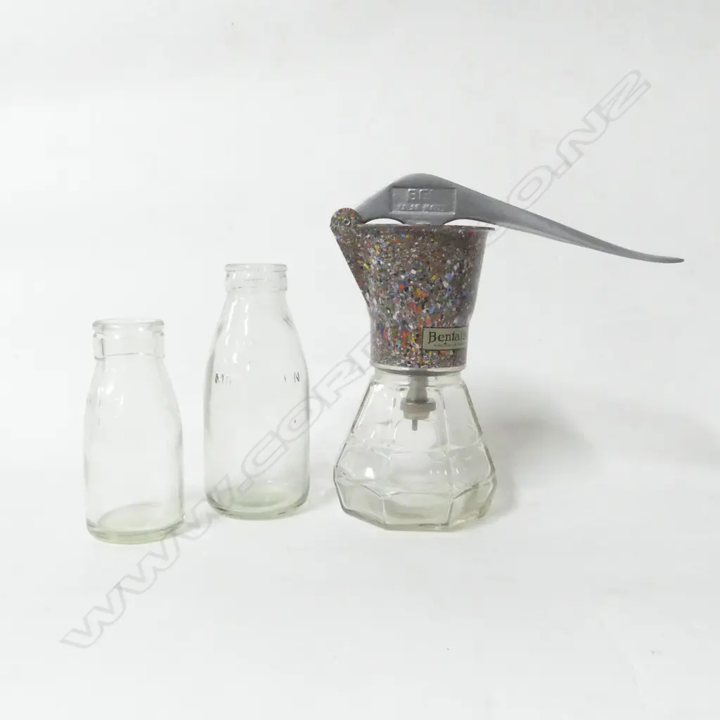 VINTAGE GLASS & BAKELITE? CREAM MIXER H.220mm & TWO GLASS MILK BOTTLES Image 1++