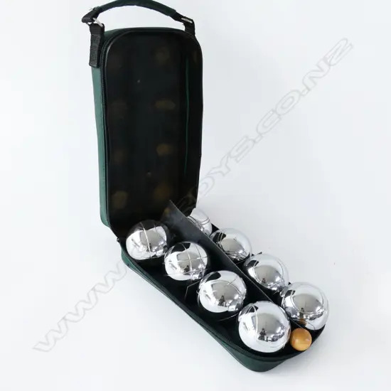 BOULE (PÉTANQUE) SET IN GREEN CANVAS CASE (COMPLETE)