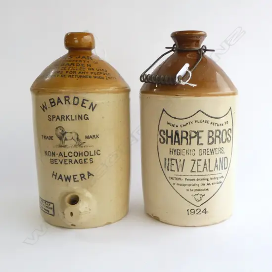 2 STONEWARE CROCKS; 'SHARPE BROs' + 'W.BARDEN - HAWERA' H.330mm