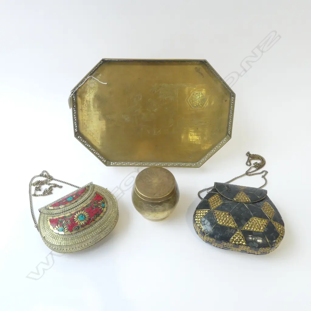 ORIENTAL BRASS TRAY W., 2 INLAID PURSES & BRASS CONTAINER  Image 1++