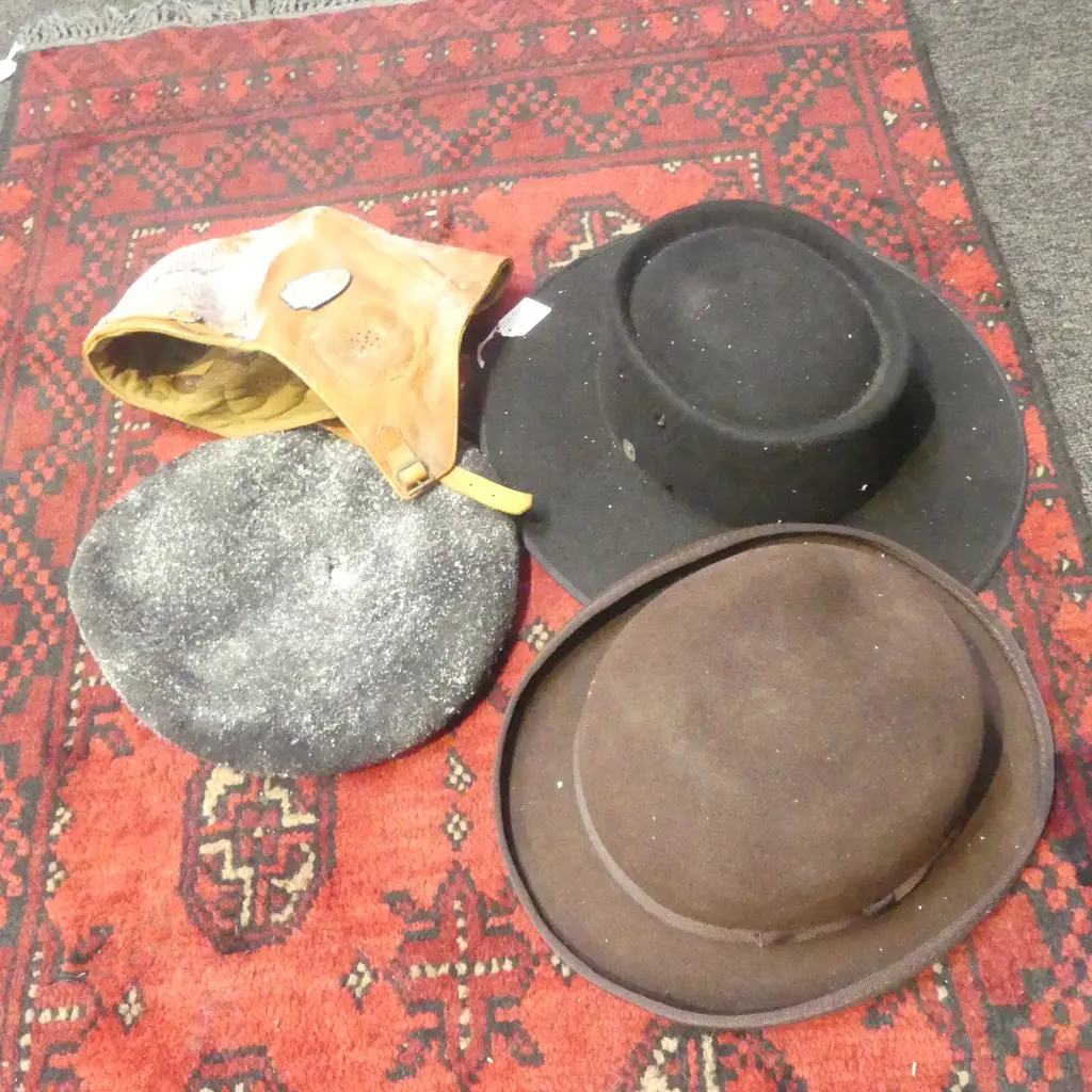 4 HATS; HAT FACTORY NZ BLACK FURFELT 'GRAZIER', JAXON & JAMES ENGLISH DERBY, COSTUME FLYING HELMET, BERET Image 1++