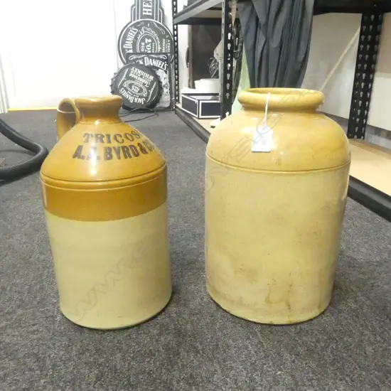 2 STONEWARE CROCKS; 1 w. 'TRICOSAL' BRANDING H.340mm