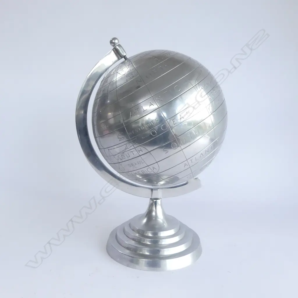 ALUMINIUM WORLD GLOBE ART DECO STYLE. STEPPED CORCULAR BASE. H.400mm Image 1++