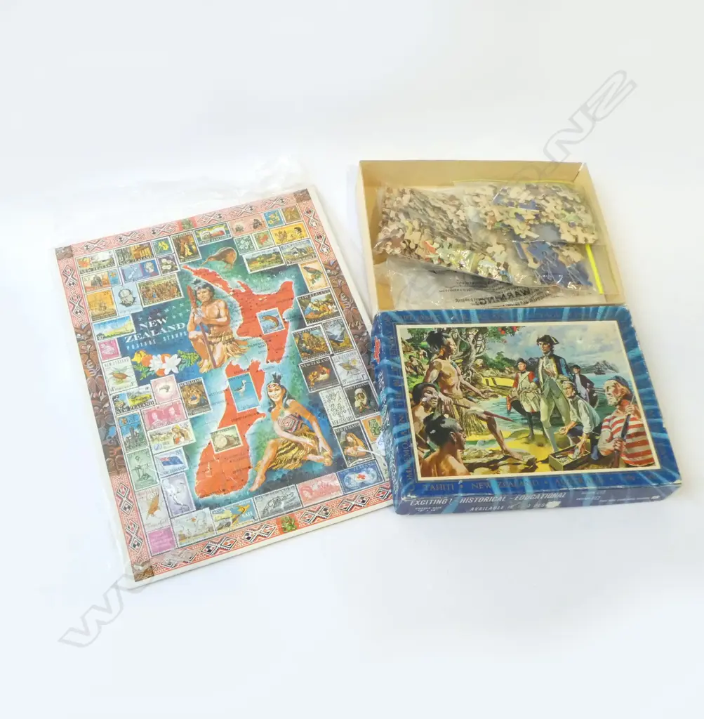 VINTAGE N.Z. STAMP PUZZLE ON BOARD & CAPTAIN COOK DISCOVERY VOYAGE JIGSAW PUZZLE Image 1++