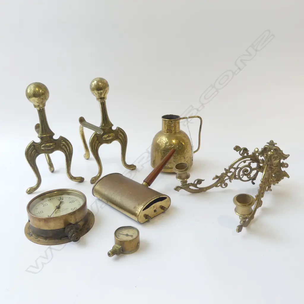  ASST BRASS ITEMS INCL. CRUMB SWEEPER + FIRE DOGS + CANDLE HOLDER Image 1++