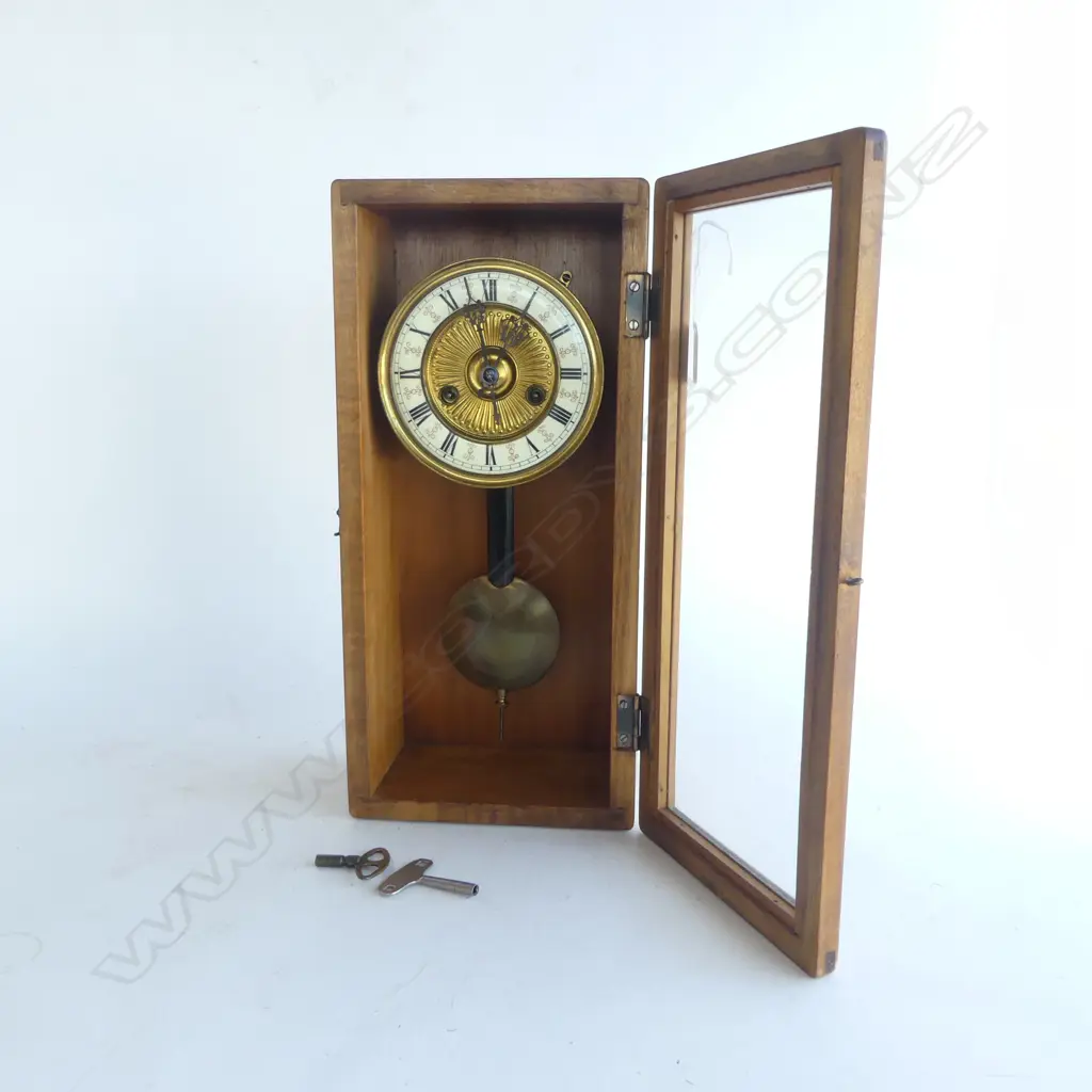 LATE 19thC CLOCK with suspended pendulum in later wooden case glazed door H.425mm w keys Image 1++