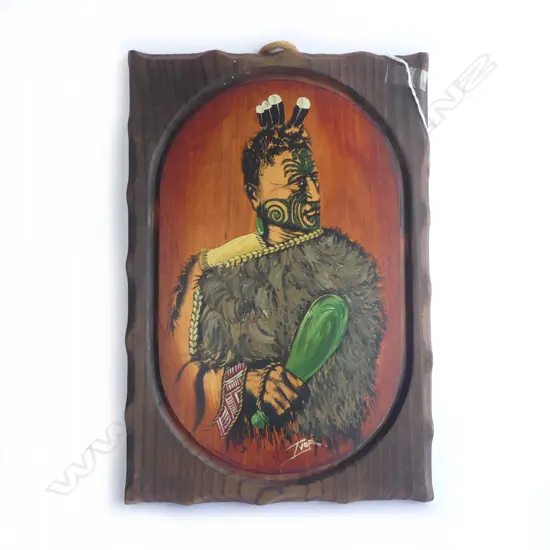 CARVED WOODEN PANEL WITH PRINT OF MAORI CHIEF, SIGNED 'TVOR' H.420mm