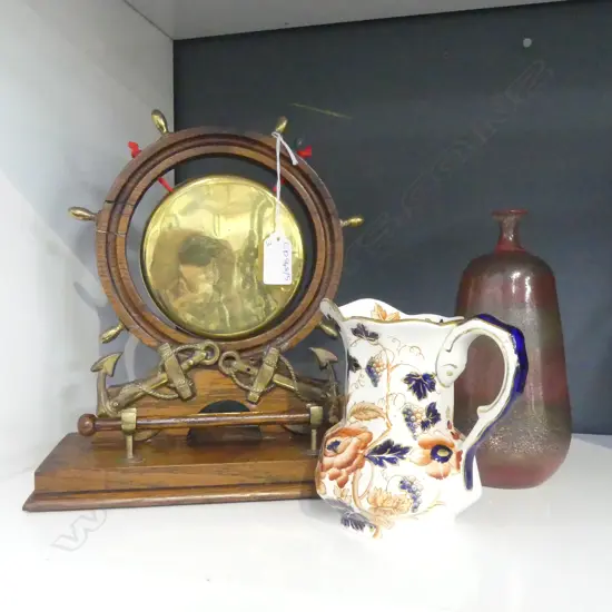 3 PCES; OAK DINNER GONG H.240mm, AMARANTGLASS VASE (RIM REPAIRED), WEDGWOOD 'OLD DERBY' JUG