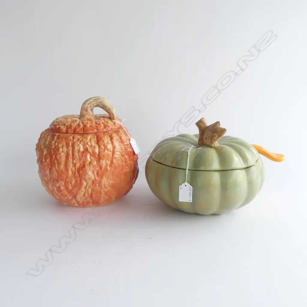 2 VINTAGE PUMPKIN SHAPED CERAMIC SOUP TUREENS, ONE w LADLE (sml chip), Dia.220mm Image 1++