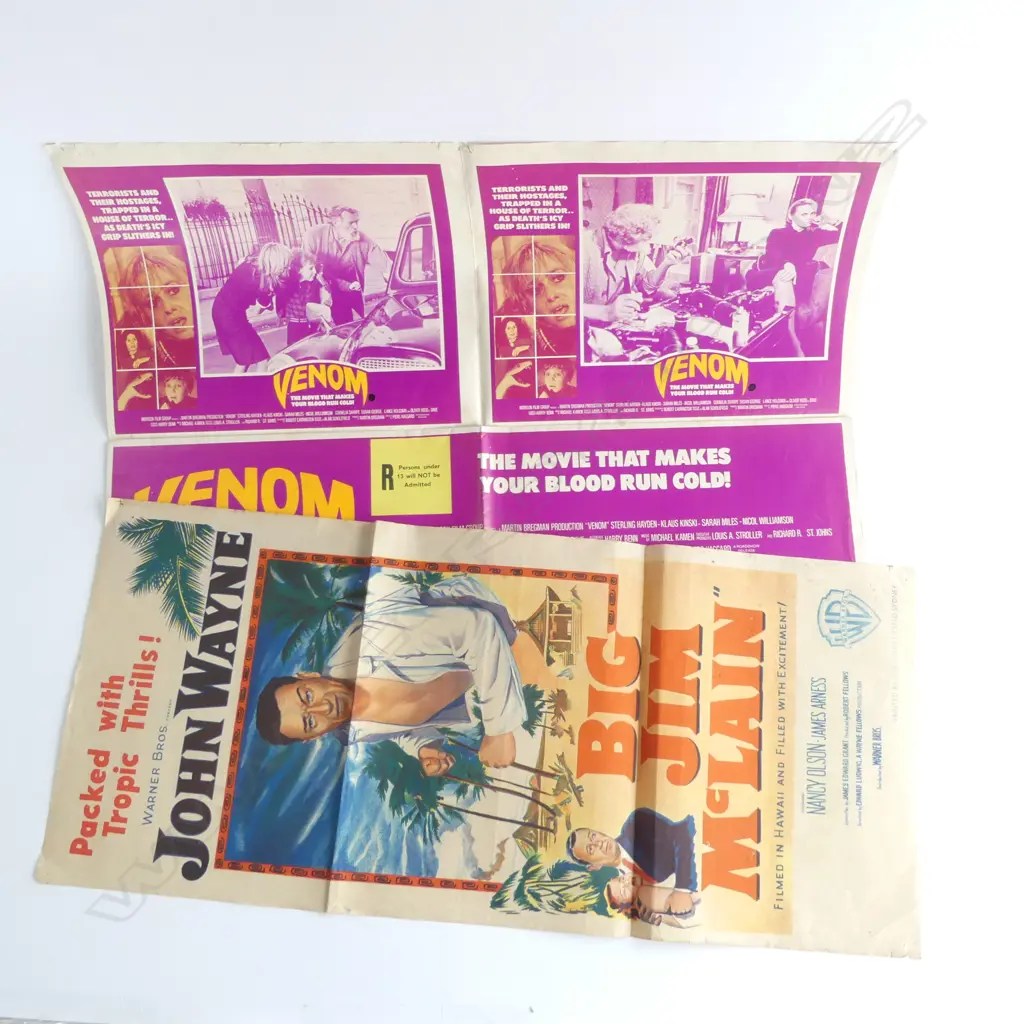 2 UNFRAMED VINTAGE FILM POSTERS 'VENOM' (1981), 'BIG JIM McLAIN' (1952) 750x340mm EX JOHN PERRY ESTATE  Image 1++