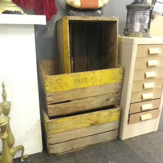 3 VINTAGE WOODEN FRUIT CRATES 500x325x260mm