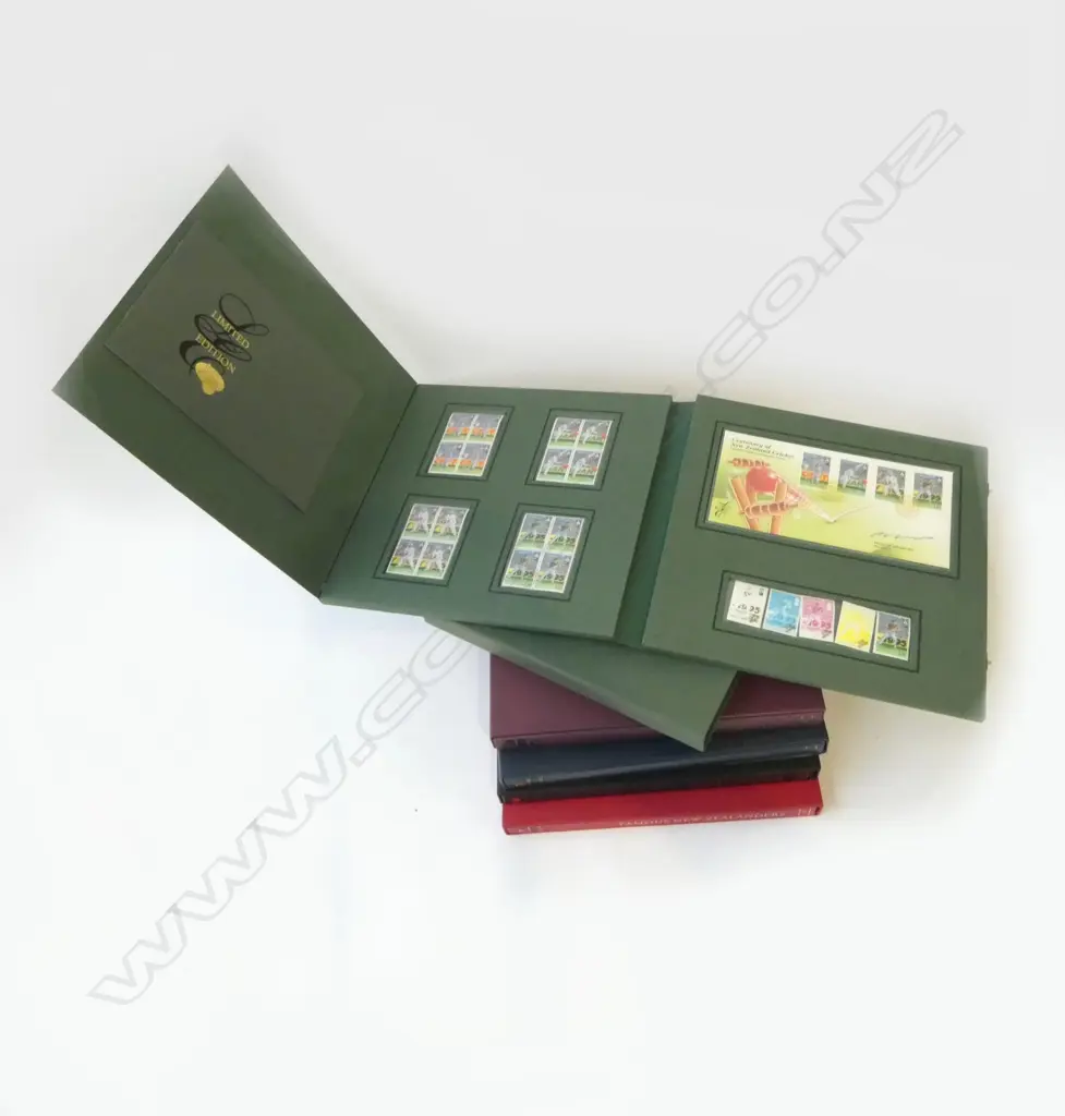 VOLS 1-5 CASED LTD ED NZ POST THEMED STAMP ALBUMS; CRICKET, BUTTERFLIES, MAORI LANGUAGE, RUGBY LEAGUE & FAMOUS NZERS Image 1++